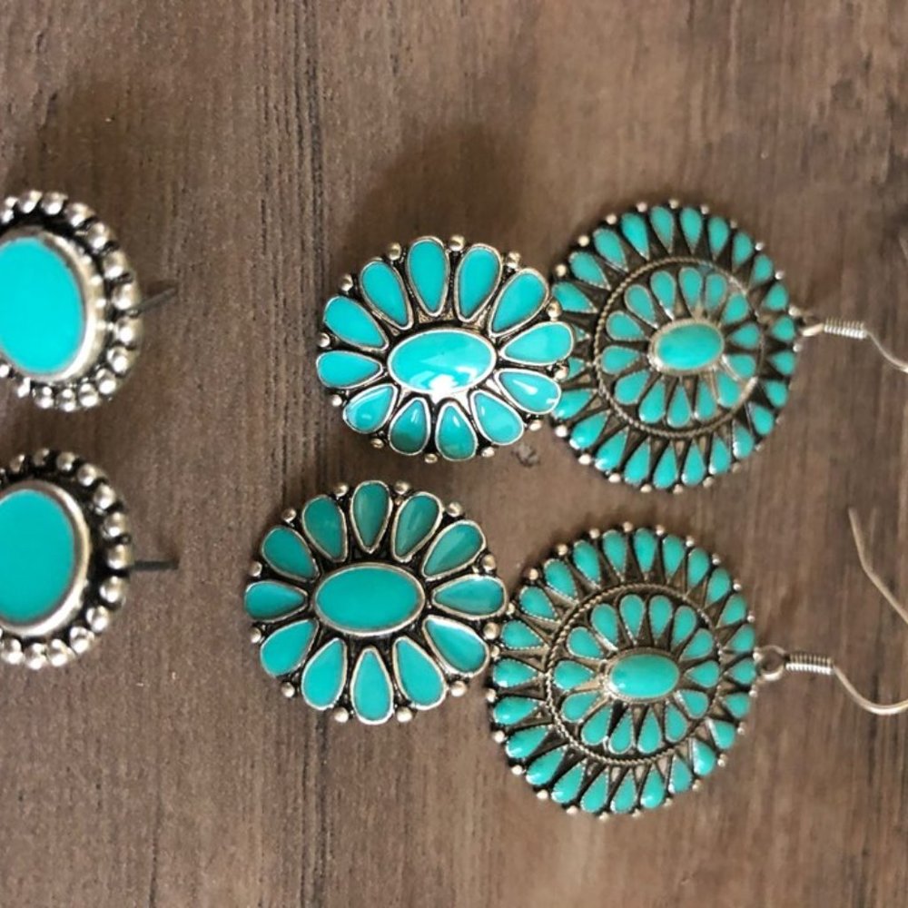 Faux Turquoise Earring Set 3 Pairs Squash Blossom - Picture 4 of 8
